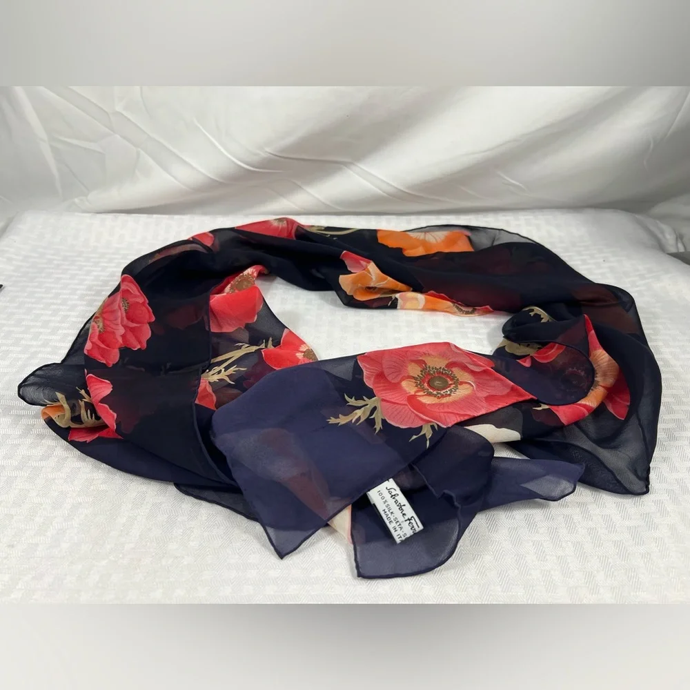 Salvatore Ferragamo Floral Silk Chiffon Scarf Navy Red With original sleeve